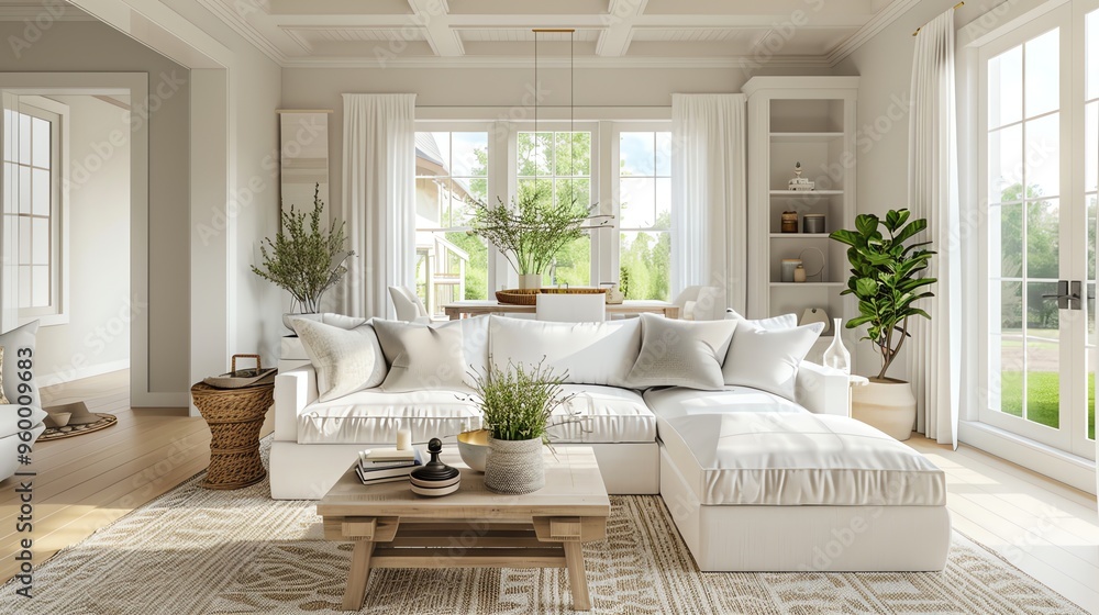 Fototapeta premium A living room with a white sectional sofa, a coffee table, and plants.