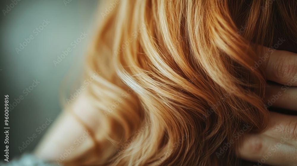 Fototapeta premium A detailed close-up shot of red wavy hair being gently held by a hand, capturing the texture, color, and beauty of the hair, conveying warmth, sensuality, and human touch.
