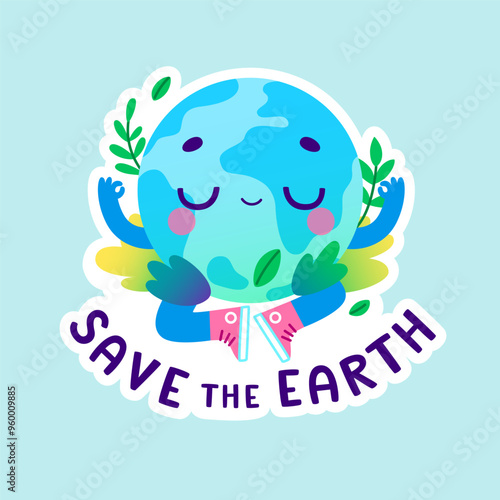 Eco sticker with retro cartoon earth globe in lotus pose. Vector cute environmental sticker for kids.