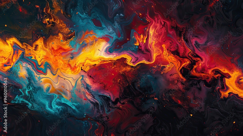 Dynamic fiery splashes of color in fluid shapes set against a dark smoky background Dynamic fiery splashes of color in fluid shapes set against a dark smoky background