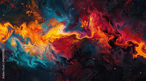 Dynamic fiery splashes of color in fluid shapes set against a dark smoky background