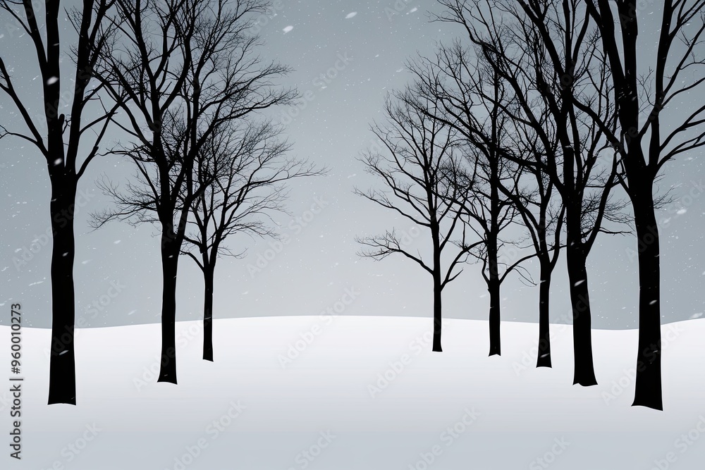 Minimalist Silhouette of Leafless Trees Against Snowy Background Minimalist Silhouette of Leafless Trees Against Snowy Background