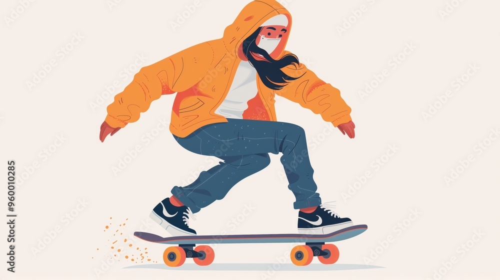 Fototapeta premium Young woman playing skateboard on white background. Vector illustration in a flat minimalistic style.