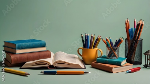 Study desk with open book and stationery for learning with soft background