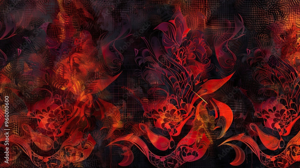 Fototapeta premium A vibrant backdrop with intricate flame-inspired motifs set against a dark base