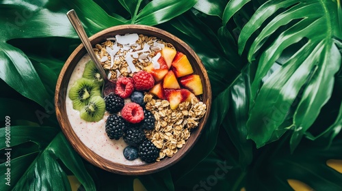 A vibrant breakfast bowl filled with a creamy base and topped with an assortment of fresh berries, granola, and tropical fruits, all nestled among green leaves photo