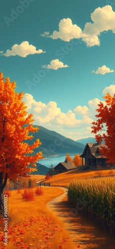 Beautiful scenery of autumn outdoors. Ai Intelligence Generation.