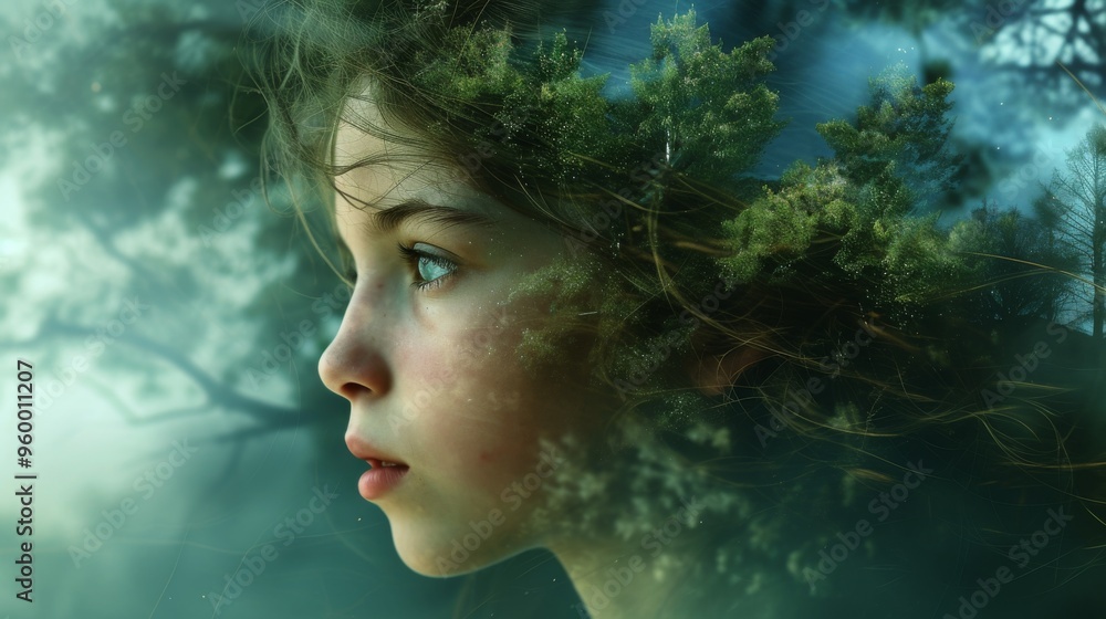 An enchanting double exposure photograph featuring the side profile of a young girl combined with vivid forest elements. The image exudes a sense of innocence and connection to nature. An enchanting double exposure photograph featuring the side profile of a young girl combined with vivid forest elements. The image exudes a sense of innocence and connection to nature.
