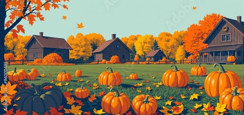 Outdoor autumn harvest with pumpkins and fallen leaves. Ai Intelligence Generation.