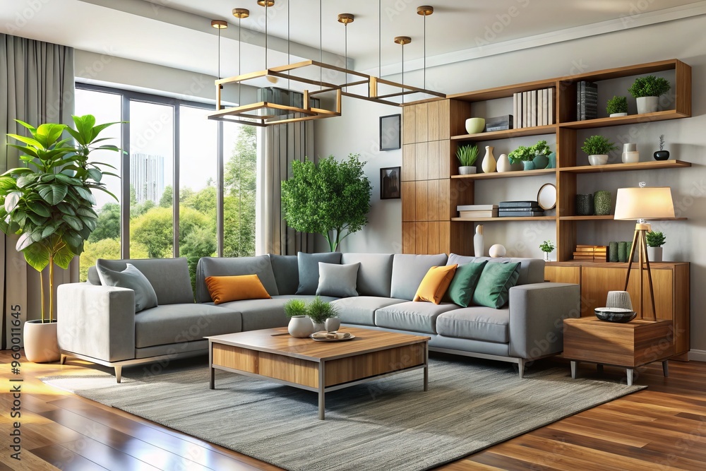 A sleek and sophisticated living room combines clever modular furniture with unique home accessories, creating a A sleek and sophisticated living room combines clever modular furniture with unique home accessories, creating a