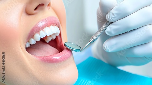 Close-up of a dentist examining a patient's teeth with dental instruments. Clean and healthy white teeth in a dental clinic.