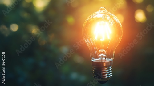 Glowing Light Bulb Against a Green and Yellow Blurred Background