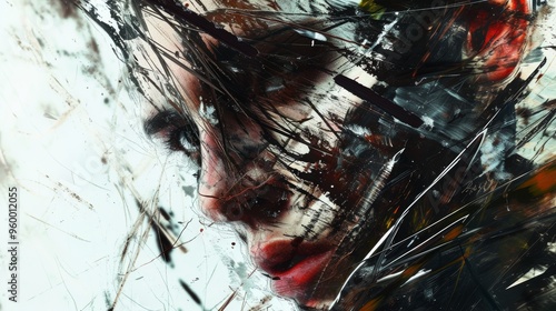 An intense and dynamic abstract portrait showcasing a person's face partially covered by energetic brushstrokes. The vibrant mix of colors and bold lines convey a sense of movement and emotion