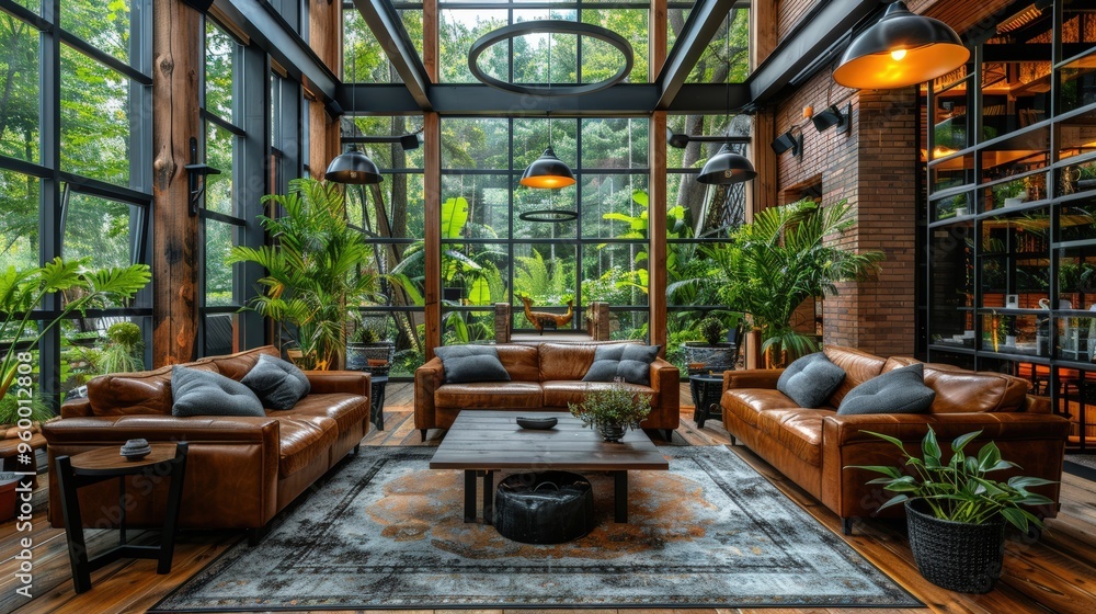 Naklejka premium Modern living room with large glass windows, leather sofas, abundant greenery. Natural light space, creating a cozy, inviting that blends modern design with nature-inspired decor.
