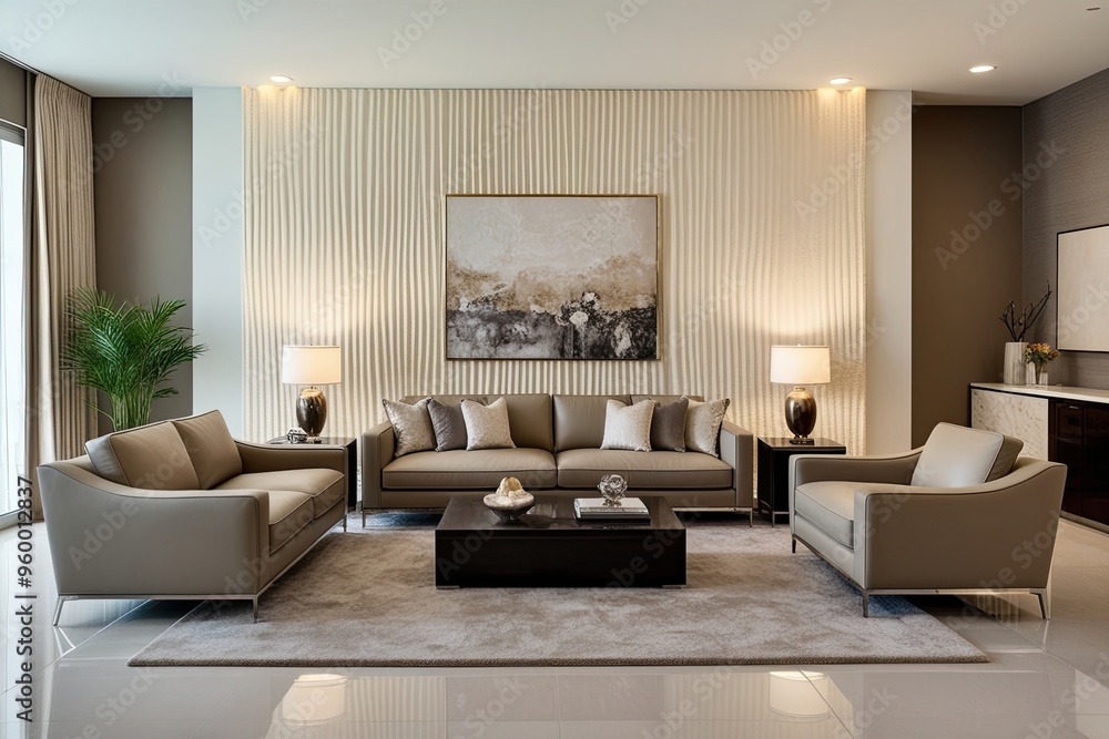 Fototapeta premium Modern Ivory Taupe Living Room with Elegant Cream Textured Walls and Stylish Furniture Layout