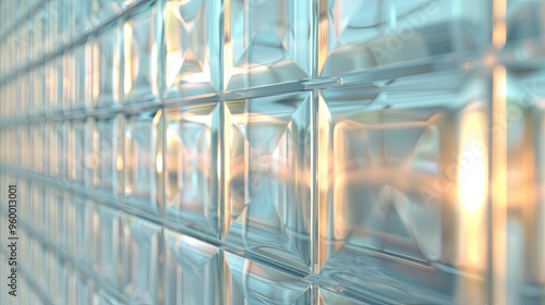 Modern glass brick wall backdrop with grid pattern and diffused light effect photo