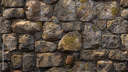 Weathered cobblestone wall backdrop in shades of gray and brown under soft light photo