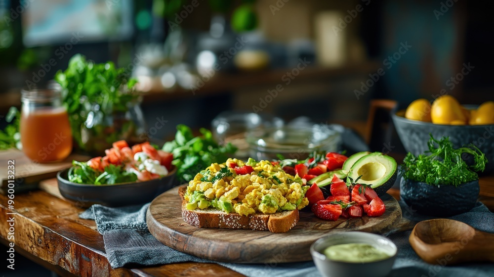 An enticing vegan breakfast spread showcases gluten-free and lactose-free dishes, featuring avocado, fresh vegetables, and hearty breads, beautifully arranged for a nutritious start to the day An enticing vegan breakfast spread showcases gluten-free and lactose-free dishes, featuring avocado, fresh vegetables, and hearty breads, beautifully arranged for a nutritious start to the day