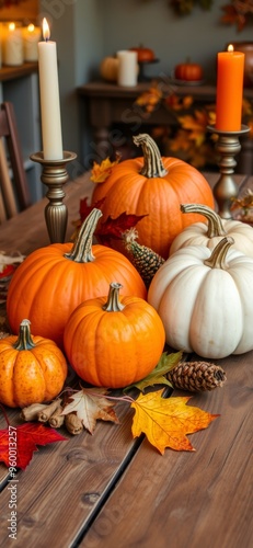 Halloween themed still life photography composed of pumpkins, candles and maple leaves. Ai Intelligence Generation. Ai Intelligence Generation.