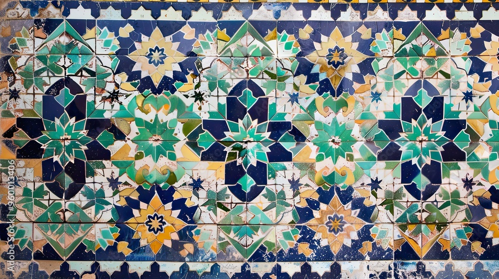 Wallpaper of a vibrant Moroccan-style wall with intricate tile patterns Wallpaper of a vibrant Moroccan-style wall with intricate tile patterns