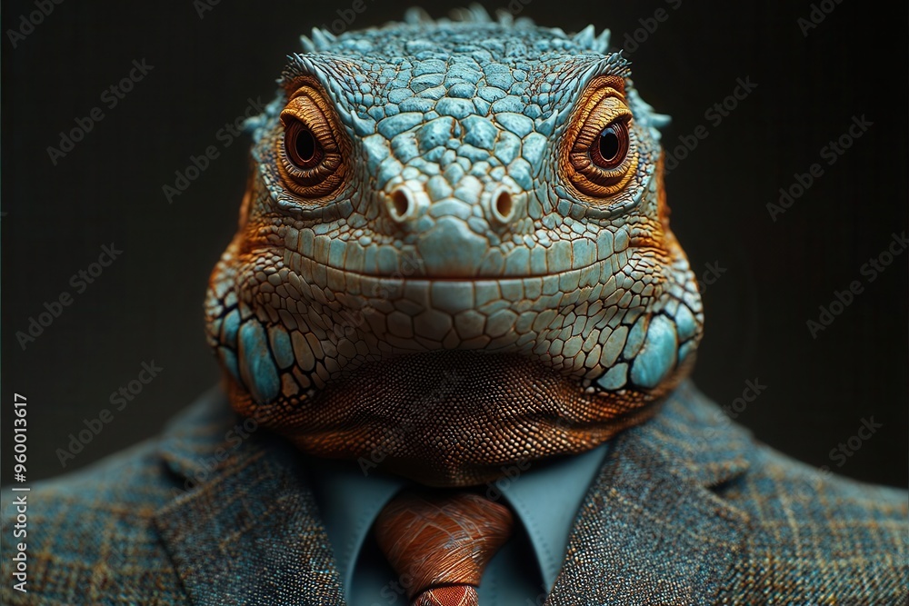 surreal portrait of an iguana wearing a tailored business suit and tie blending reptilian features with human attire hyperrealistic textures in a studio setting surreal portrait of an iguana wearing a tailored business suit and tie blending reptilian features with human attire hyperrealistic textures in a studio setting
