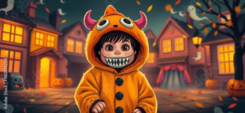 Halloween themed illustration of a child dressed as a ghost. Ai Intelligence Generation.