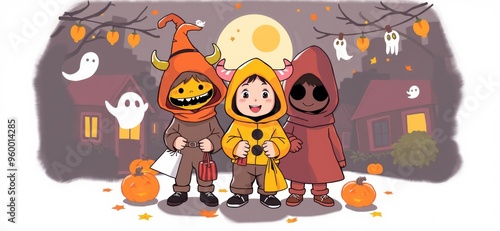 Halloween themed illustration of a child dressed as a ghost. Ai Intelligence Generation.