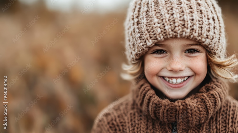 A cheerful child with a big smile, wearing a brown knit hat and matching sweater, poses in an outdoor setting during autumn, basked in warm natural lighting. A cheerful child with a big smile, wearing a brown knit hat and matching sweater, poses in an outdoor setting during autumn, basked in warm natural lighting.