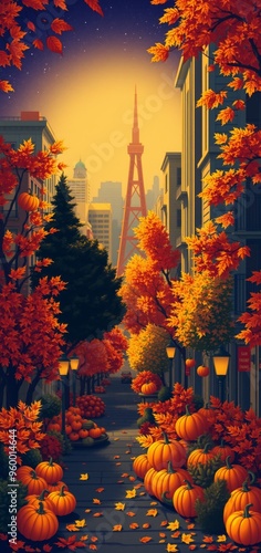 A modern city filled with fallen maple leaves and pumpkins, an autumn theme of harvest. Ai Intelligence Generation.