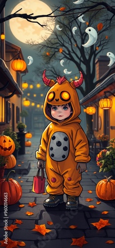 Halloween themed illustration of a child dressed as a ghost. Ai Intelligence Generation.