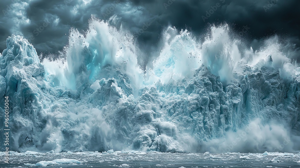 Dramatic icebergs breaking into icy ocean waves under a stormy sky, capturing nature's raw, untamed power in a mesmerizing landscape. Dramatic icebergs breaking into icy ocean waves under a stormy sky, capturing nature's raw, untamed power in a mesmerizing landscape.