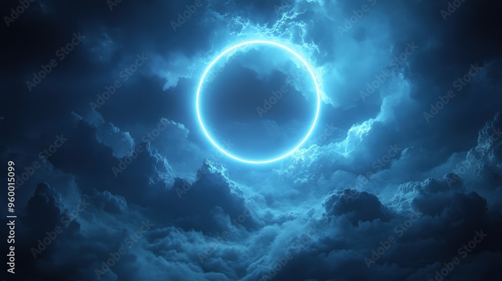 Neon Ring in Stormy Clouds Futuristic Night Sky Neon Ring in Stormy Clouds Futuristic Night Sky