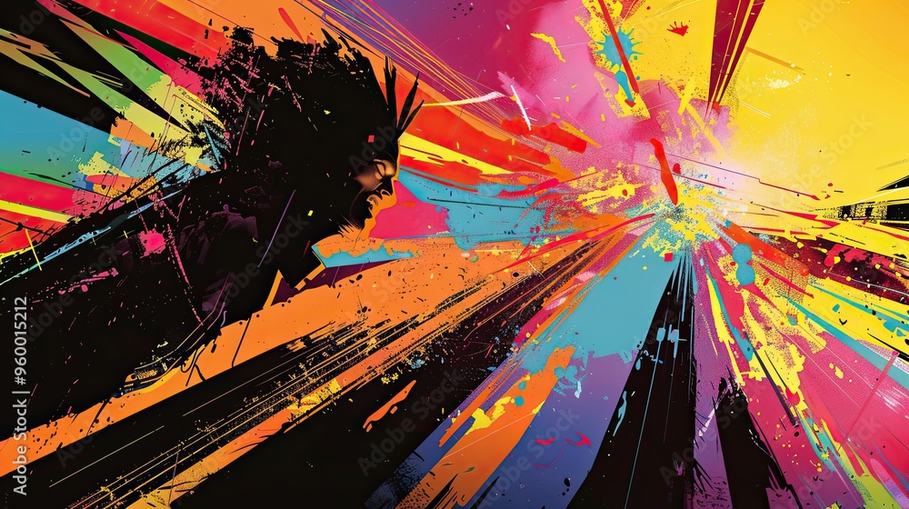 Naklejka premium Background with abstract shapes bright neon colors and comic book action bursts