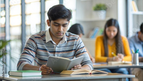 Indian student in a class focused on exam preparation, with study materials and guides, highlighting academic readiness.