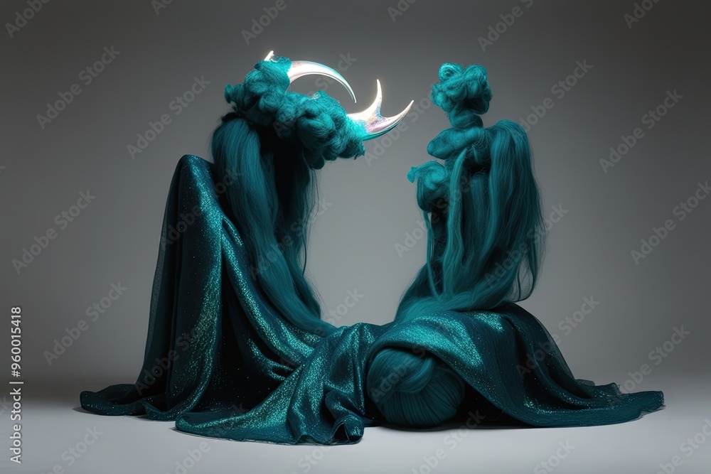 Obraz premium Teal Midnight Fiber Dreamscape Surreal Abstract Art with Shimmering Iridescent Effect