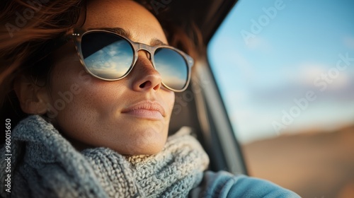 A cozy scene of a person with glasses, wrapped in a grey knitted scarf, looking out from inside a car during a scenic journey, capturing a serene and reflective moment.