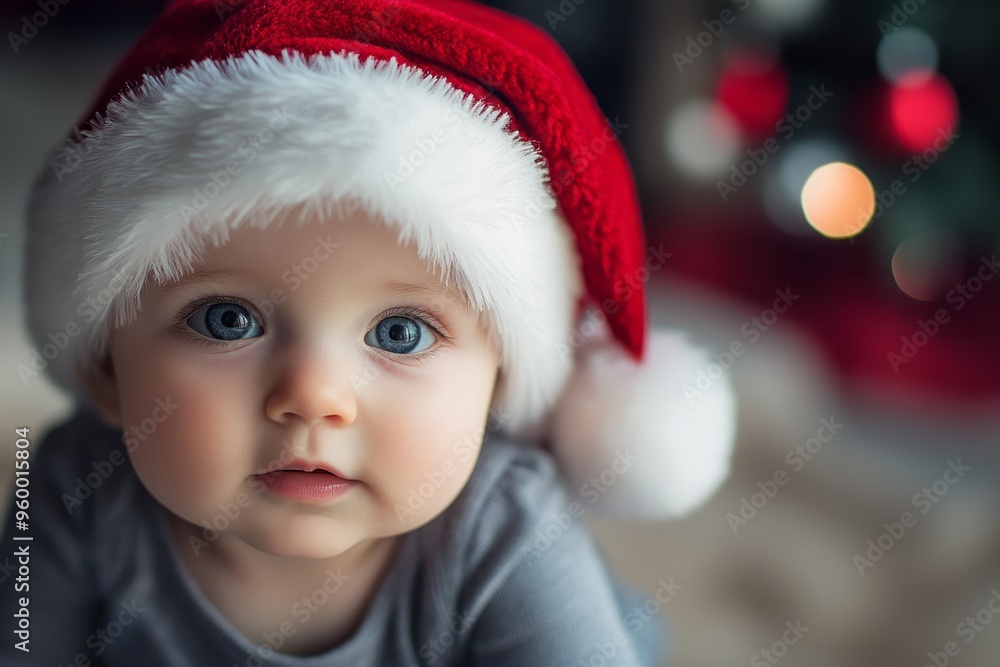 Close up portrait of cute infant boy wearing Santa hat. Close up portrait of cute infant boy wearing Santa hat.
