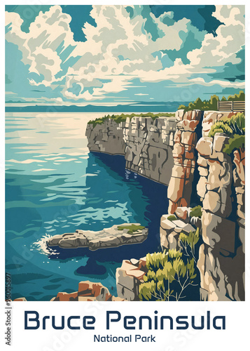 Bruce Peninsula National Park Poster Illustration Travel Print Decor Gift Paper Canvas Wall Retro Art photo