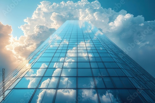 A towering glass skyscraper reflecting a dramatic sky filled with billowing clouds  creating a mesmerizing interplay of light and reflections on its facade