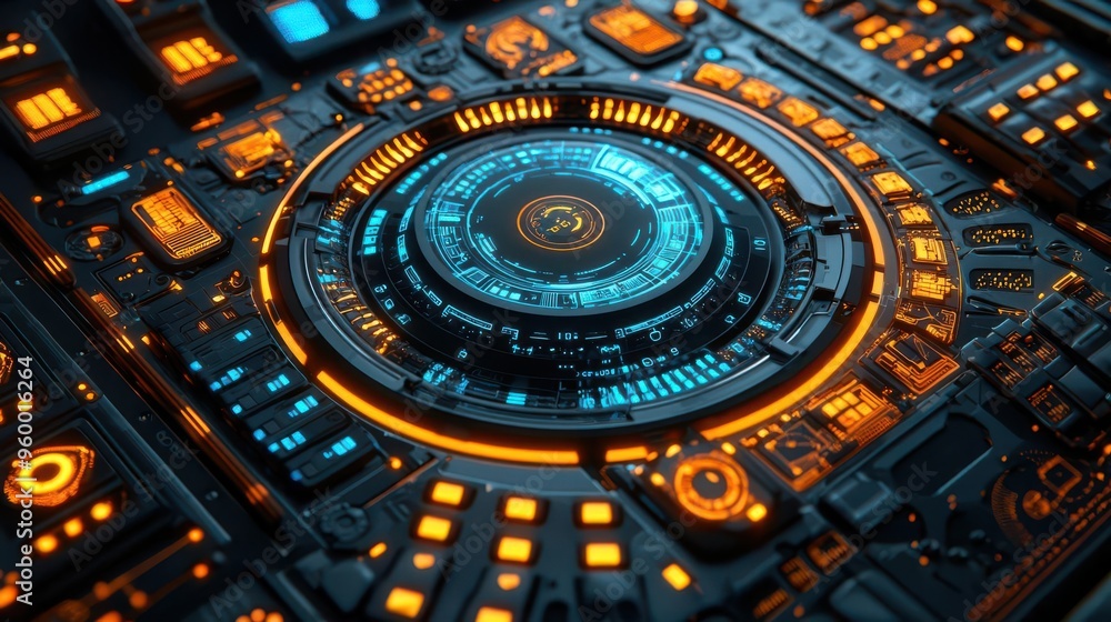 Fototapeta premium Quantum circuit design paired with interface visualization and a comprehensive UI system