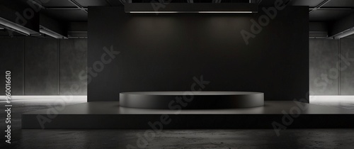 Black podium or pedestal display on dark background with long platform. Blank product shelf standing backdrop. 3D rendering, blurred background