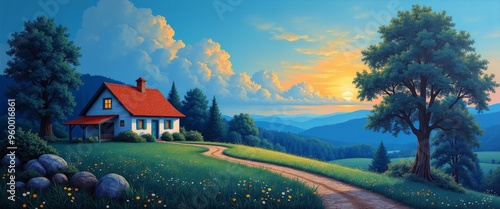 Beautiful scenery of rural ranch. AI generated image.