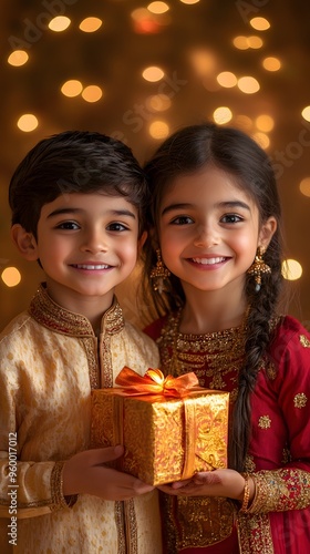 Two children wearing traditional outfits holding a decorative gift during Diwali celebrations, surrounded by warm festive lights