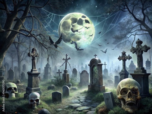 Creepy Cemetery Graveyard Bones Skulls Spider Webs Moonlit Night