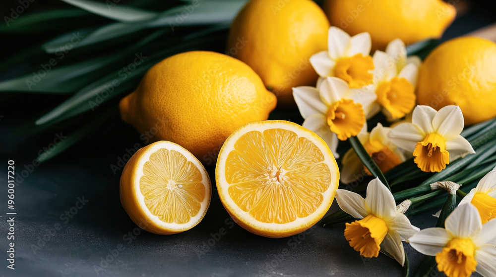 Fresh lemons, including whole and halved lemons, arranged with white and yellow daffodil flowers on a dark background, showcasing a vibrant and colorful composition. Fresh lemons, including whole and halved lemons, arranged with white and yellow daffodil flowers on a dark background, showcasing a vibrant and colorful composition.