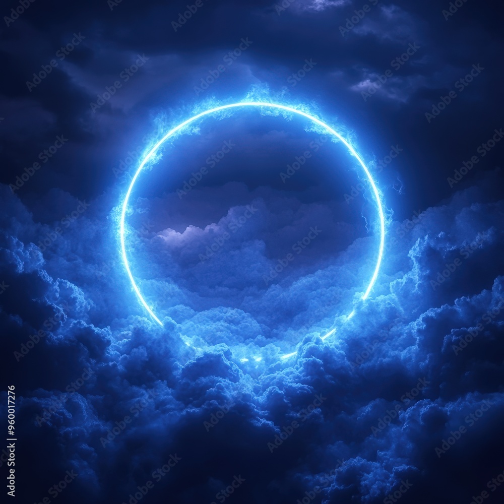 Neon Ring in Stormy Clouds Futuristic Night Sky Neon Ring in Stormy Clouds Futuristic Night Sky