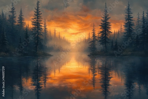 tranquil lakeside at golden hour mist rising from still waters silhouetted pines reflect in mirrorlike surface warm hues paint sky