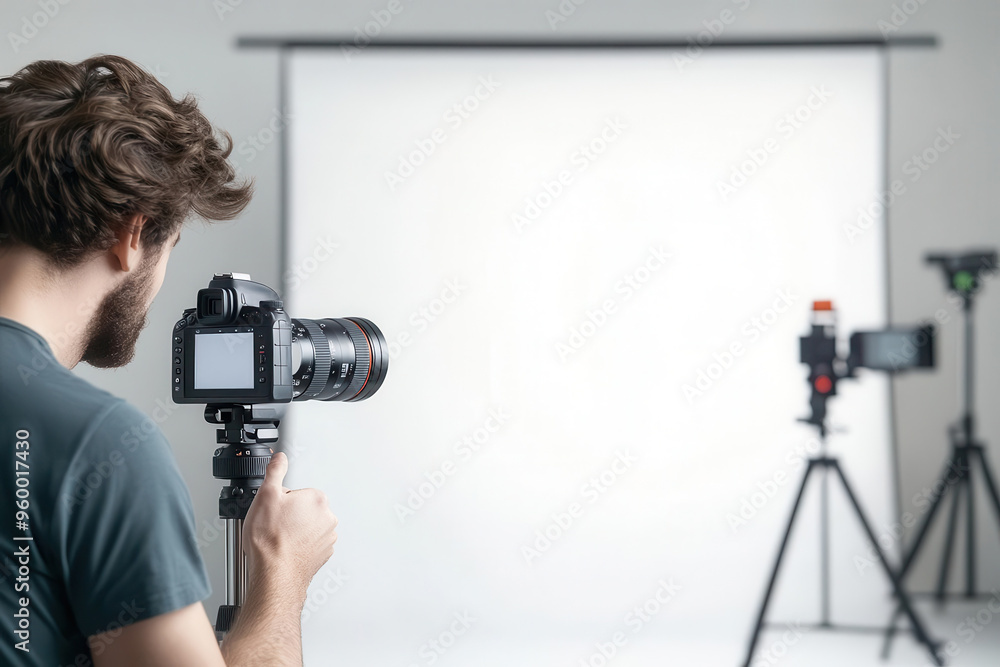A photographer adjusts camera settings in a studio with lighting equipment and backdrop, preparing for a photo shoot session. A photographer adjusts camera settings in a studio with lighting equipment and backdrop, preparing for a photo shoot session.