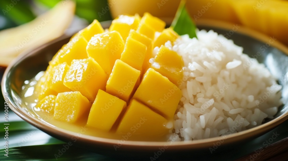 Mango sticky rice on a white plate Mango sticky rice on a white plate