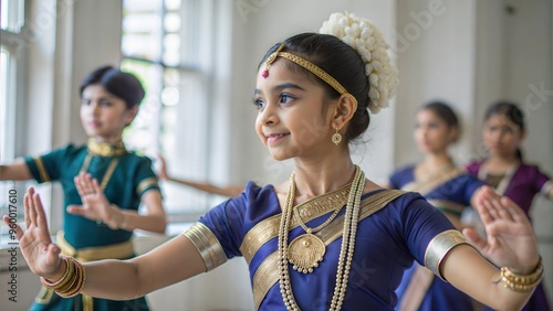 Indian student learning traditional dance forms in a cultural education class, promoting heritage and arts. photo